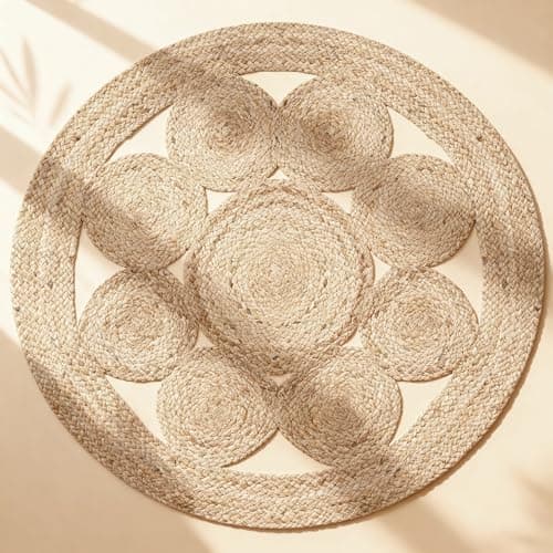 Image of Craft Trade Natural Tikki Jute Round Circle Rug Hand Woven Braided Reversible Boho Rustic Sisal Area Rugs for Living Room Bedroom Home Decor Farmhouse Carpet - Round 5 Feet