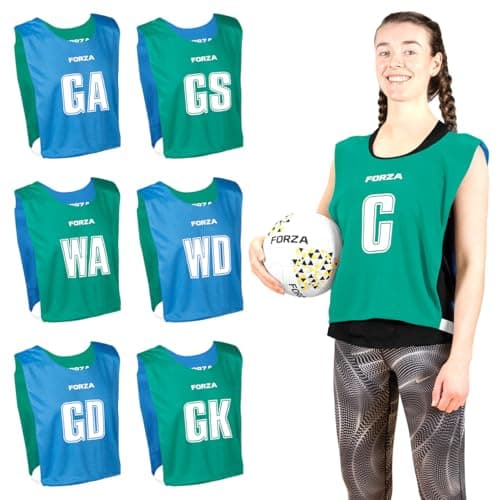 Image of FORZA Pro Reversible Netball Bibs [Pack of 7] | 2-in-1 Design with 5 Colour Combinations - Ideal for Schools & Sports Clubs (Teal & Blue, Medium)