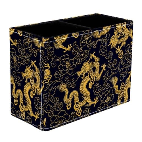 Image of VAPOKF Chinese Golden Dragon Pattern Pen Holder for Desk, 2 Compartments Pen Pot Pencil Holders Makeup Brushes Storage Desktop Stationary Supplies Organiser for Home Office