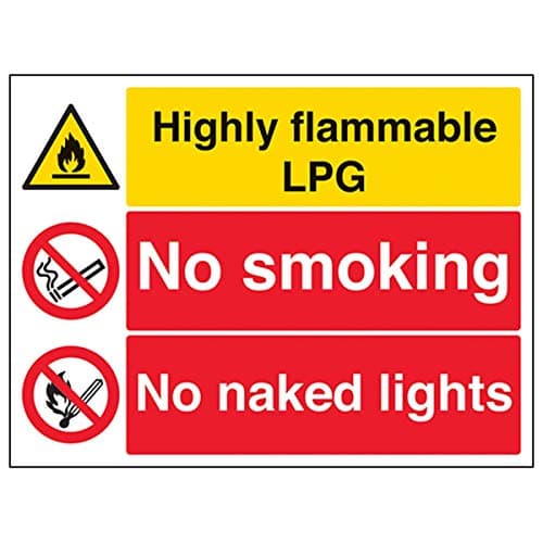 Image of V Safety Highly Flammable Lpg/No Smoking/No Naked Lights Warning Sign - 400mm x 300mm - Self Adhesive Vinyl