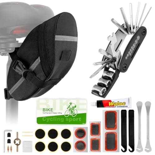 Image of RYACO 16 in 1 Bike Tire Repair Kit with Glue, Bicycle Multi-Function Puncture Tool Set with Patch Kit & Tire Levers Bike Accessories, Bicycle Fix Tire Tool Kit with Saddle Bag for Mountain Road Bikes