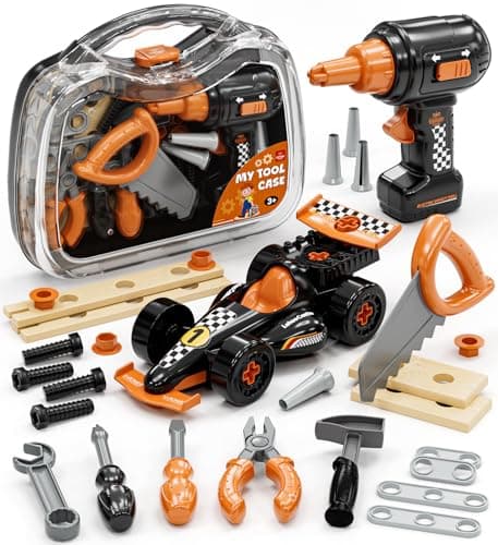 Image of Lehoo Castle Kids Tool Set with Toy Drill & Take Apart Race Car, STEM Construction Toys Kit for 2-5 Year Old Boys, DIY Build Your Own Car Learning Gift with Portable Tool Box
