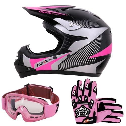 Image of Zorax ZOR-X19 Pink M (51-52cm) Predator Kids Motocross Motorbike MX Helmet ECE2206 & Gloves M (6cm) & Goggles