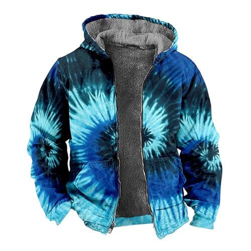 Image of Generisch Mens Hooded Coat Fleece Lining Zipper Long Sleeve Tie Dye Print Pocket Jacket Mens Hoodie Jacket Winter, blue, 4XL