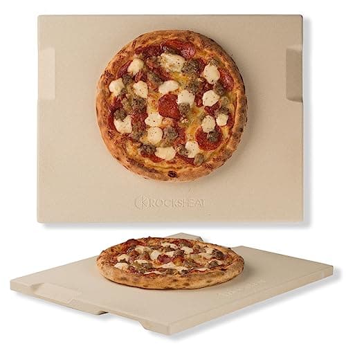 Image of ROCKSHEAT Pizza Stone Bread Baking Stone 30 x 38cm Rectangular Stone for Oven and Grill Innovative Double-Sided Built-in Design with 4 Handles Pizza Stones