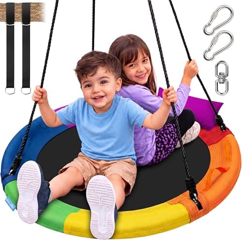 Image of SereneLife Tree Swing Seat, Large Round Saucer Kids Swings, Adults and Kids Nest Swing, Durable Frame, 318kg Capacity, Indoor Outdoor Hanging Rope Swinging Seat for Backyard, Garden and More – Rainbow