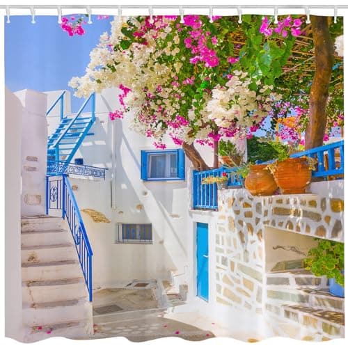 Image of JOOCAR Design Shower Curtain Traditional Street and Door Architecture Detail with Flowers in Greece Home Decor Waterproof Cloth Fabric Bathroom Decor Set with Hooks,72x72 Inch