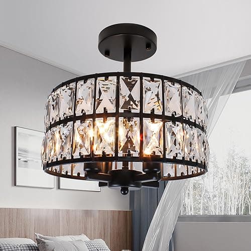 Image of Rviezza Crystal Ceiling Lights, 4-Light Metal Black Ceiling Pendant Light with E14 Bulb Base, Industrial Crystal Lighting Ceiling for Living Room, Bedroom, Kitchen, Dining Room