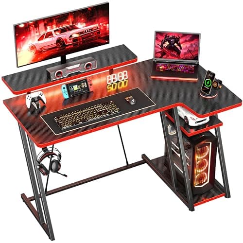 Image of HOMIDEC Gaming Desk with LED Lights, 100CM Computer Desk with Monitor Stand, L Shaped Corner Desk with Headphone Hook and Shelves for Gaming Room, Bedroom, Office, Black Red