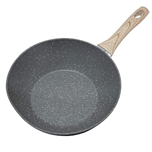 Image of Schallen Anthracite Grey Kitchen Cookware Non Stick Frying Pan Saucepan Cooking Stock Pot Full Pan Set with Soft Grip Handles (Wooden Finish Handle, Wok - 28cm)
