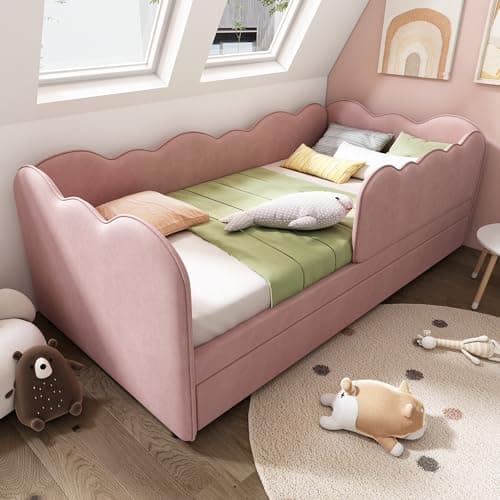 Image of Merax Single Pink Upholstered Bed with Pull Out Bed, 3ft Single Trundle Day Bed, with Unique Cloud Shape, Slatted Frame, for Adults Children, Velvet/90x190cm(No Mattress)