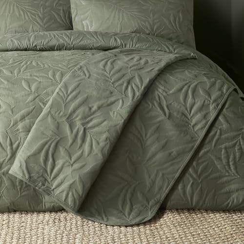 Image of Serene - Khaki Green Leaf Embossed Bedspread (230cm X 200cm) - Soft Touch - Microfibre - Leaf/Leaves Embroidery Quilted Bedspreads - Green Floral Blanket/Bed Cover for Bed - Luana Collection