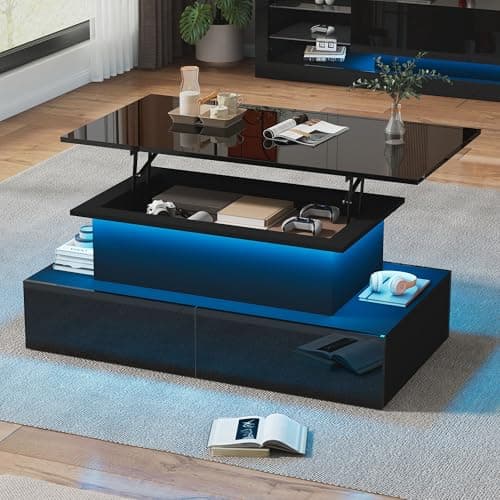 Image of ModernLuxe LED High Gloss Coffee Table with Lift Top & 4 Drawers, Black Modern Coffee Table with RGB Lights, Storage Compartments & Hidden Space, Rectangular Living Room Table 90x55x42.5cm