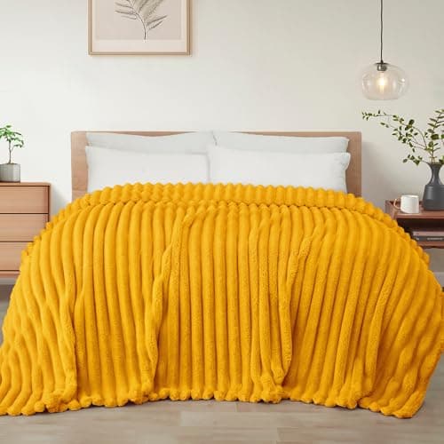 Image of Exclusivo Mezcla King Size Flannel Fleece Blanket, Super Soft Striped Jacquard Bed Blanket, Lightweight Fuzzy Cozy for All Seasons, 230x265 CM, Mustard Yellow