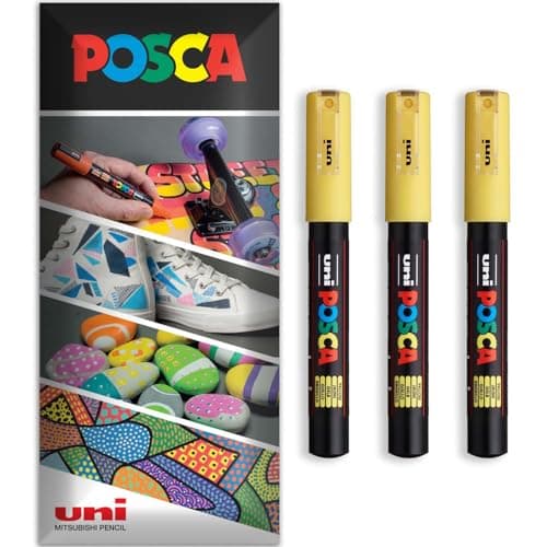 Image of Posca Water Based Acrylic Paint Marker Pens | Multi Surface Use Permanent Paint Pen | Pack of 3 Pens in Envelope Gift Packaging | Glass, Fabric, Canvas, Wood etc | PC-1M, Yellow
