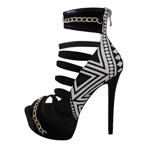 Image of MissHeel Fashion Gladiator Metal Chains Ankle Boots for Women Peep Toe Zip up Stiletto Heeled Platform Sandal Boots for Party Wearing Black Size 12