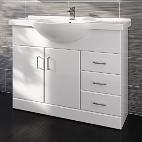 Image of 1050mm White Gloss Basin Vanity Unit Sink Cabinet Bathroom Drawer Storage Furniture