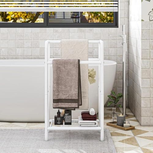Image of HAHRIR 3 Tier Towel Rack, 43cm Towel Rail Freestanding, Save Space with Storage Towel Holder for Bathroom, Display Rack for Bedroom, Bathroom, Swimming Pool,White
