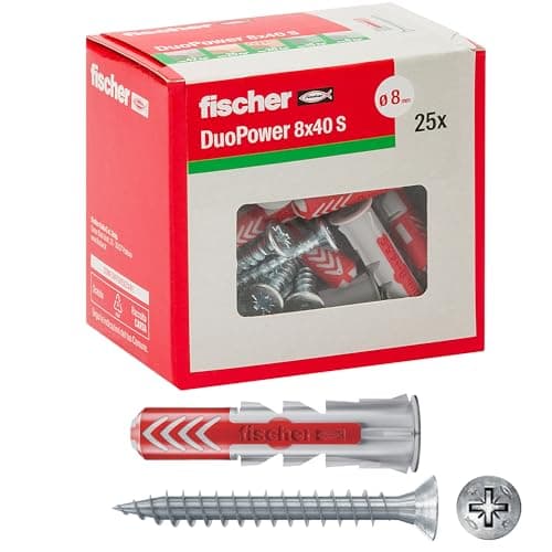 Image of Fischer 544017 25 Duopower Dowels with Screw, 8 x 40 mm, for Full Wall, Perforated Brick, Plasterboard, Grey, Set of 25 Pieces