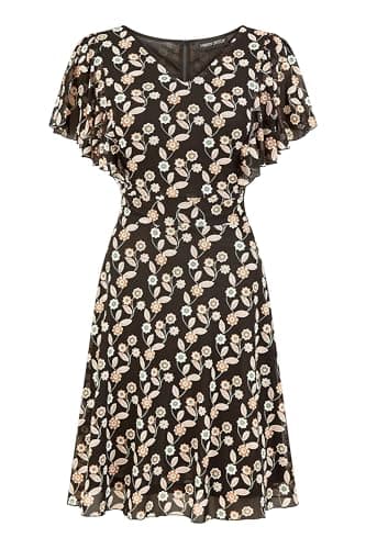 Image of Mela London Mela Black Leaf Print Mesh Stretch Skater Dress 14 Black