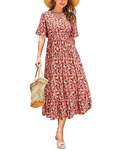 Image of STYLEWORD Women Summer Dress Floral Short Sleeve Ladies Casual Swing Midi Dress with Pockets(Floral06,Medium)