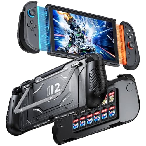 Image of FYOUNG Dockable Protective Case for Nintendo Switch 2 with Hard PC Front Cover, Adjustable Kickstand, 12 Game Card Slots, TPU Grip for Joycon, Shock-proof Shell for GameCube Games Accessories