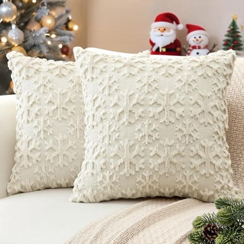 Image of JOTOM Snowflake Winter Christmas Cushion Covers 50x50 cm Set of 2 Soft Plush Faux Fur Christmas Decorative Throw Pillow Covers Holiday Pillow Case for Home Bedroom Couch Sofa Decor (Cream Beige)