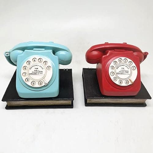 Image of 1970's Retro Telephone Pair of Bookends Blue & Red Resin Shelf Tidies Sculpture