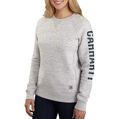 Image of Carhartt, Women's, Relaxed Fit Midweight Crewneck Block Logo Sleeve Graphic Sweatshirt, Asphalt Heather Nep, XL