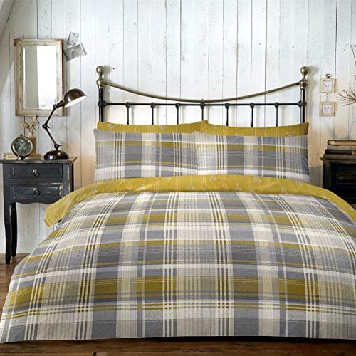 Image of Dreams & Drapes Connolly Check-100% Brushed, Cotton, Ochre Yellow, Duvet Cover Set: King