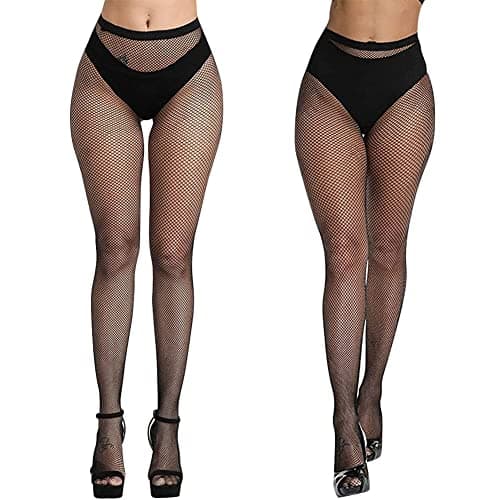 Image of Aomig 2 PCS Black Fishnet Tights for Women, Pantyhose Fish Net Stockings, High Waist Suspender Pantyhose, Sexy Outfit, One Size Fit All