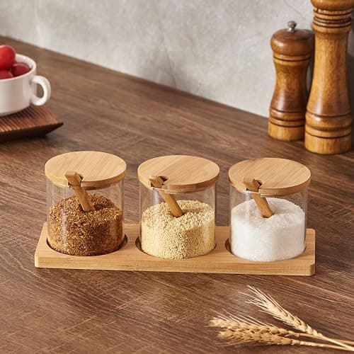 Image of ORNAMI 3-Piece Bamboo and Glass Kitchen Jar Set with Serving Spoons and Tray, Trio Canister Set for Tea, Coffee and Hot Chocolate (Round)