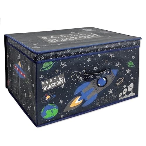 Image of The Magic Toy Shop Large Foldable Kids Toy Storage Box with Lid - Black Colour and Space Design - Collapsible Fabric Organizer for Childrens Toys, Crafts, Clothes - for Boys & Girls Bedroom 50x30x40cm