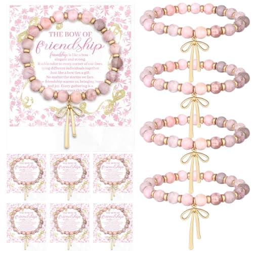 Image of Uoeo 6 Sets Friendship Bracelets Gifts for Friends Bulk Friendship Natural Stone Bracelet with Cards OPP Bags Pink Beads Bow Charm Gift Friendship Bracelet Gifts for Women Mom Friend Bestie Birthday
