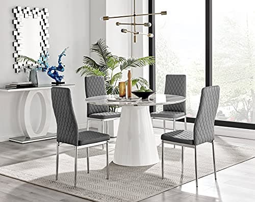 Image of Furniturebox UK Palma White Marble Effect Round Pedestal Dining Table and 4 Grey Faux Leather Silver Leg Milan Dining Chairs