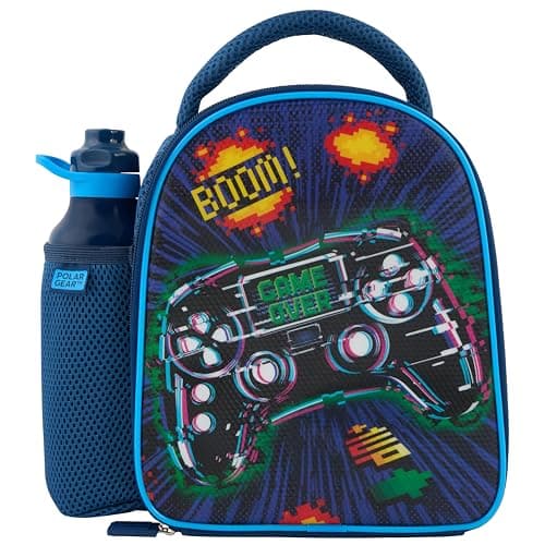 Image of Polar Gear Gamer Pixel Insulated Kids Lunch Bag Holder and 600ml Water Bottle, Polyester, 600 milliliters, Blue