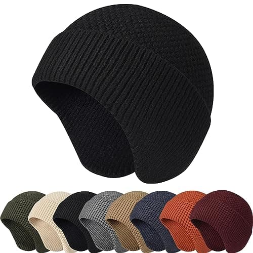 Image of Enwokran Knit Beanie Hat Warm Winter Hats Unisex Stretchy Windproof Earflap Knit Skull Cap Slouchy with Ear Warmer for Running Fishing Skiing Cycling Outdoor Sports (Black)