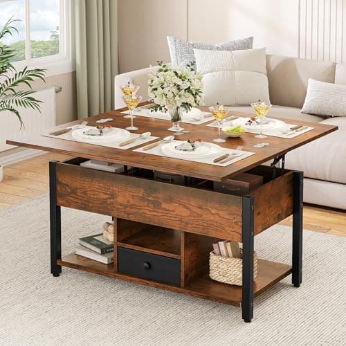 Image of YITAHOME Lift Top Coffee Table with Drawers, 4 in 1 Multi-Function Liftable Coffee Table with Storage and Hidden Compartment, Converts to Dining Table for Living Room, Rustic Brown