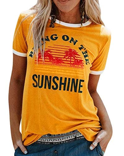 Image of Heekpek Women's T-Shirt Sunshine Letter Print Tops Ladies Blouse Summer Tops Yellow Short Sleeve Size XL