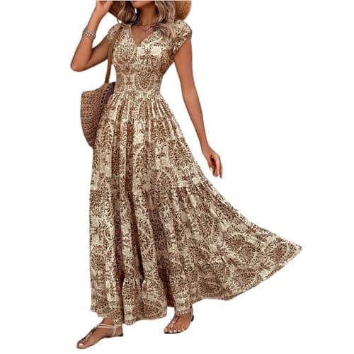 Image of Women Vintage Print V Neck Waist Dress Short Sleeve Elegant Long Dress with Classic Pattern and Fitted Suitable for Various Occasions Coffee