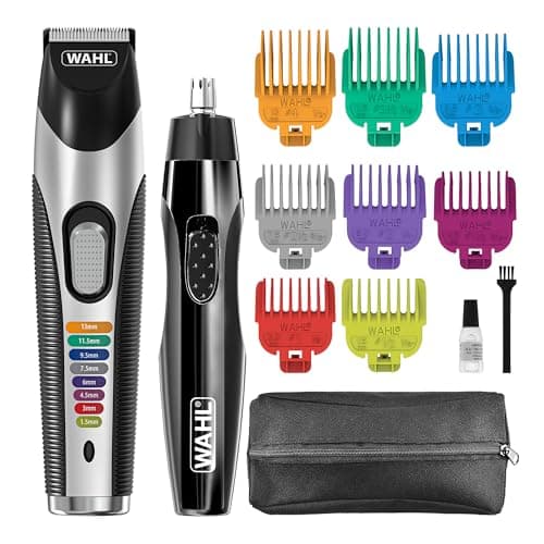 Image of Wahl Colour Trim Dual Grooming Kit – Rechargeable Beard Trimmer for Men with 8 Colour‑Coded Combs, Smooth Cut Combs, Nose & Ear Detail Trimmer, 60‑Minute Cordless Runtime