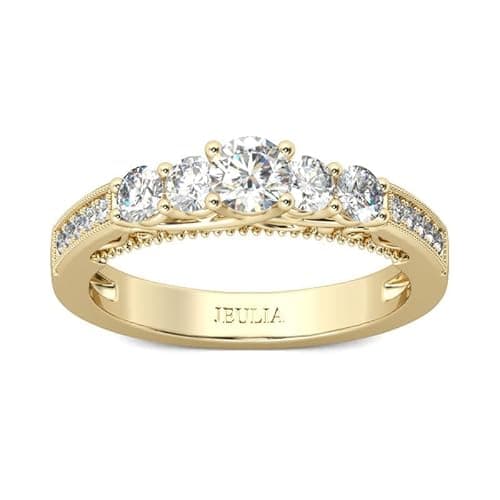 Image of Jeulia 9ct Gold Engagement Rings for Women Five Stone Round Cut 925 Silver Diamond Wedding Rings Promise Eternity Stacking Rings Classic Retro Bridal Set Jewelry with Giftbox (Yellow,N-½)