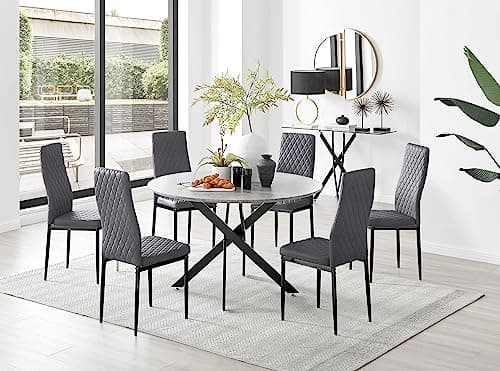Image of Furniturebox UK Novara Grey Concrete Effect Black Leg 120cm Round Dining Table & 6 Grey Velvet Milan Black Leg Chairs