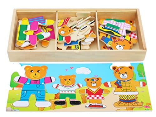 Image of TOWO Bear Family Dress up Puzzle Box - Sorting and Matching Jigsaw Puzzle - Wooden Sorting Toys for 3 year old - Wooden Puzzles for 3 years old girls