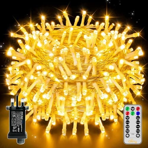 Image of Ollny Christmas Tree Lights, 20m 200 LED Outdoor Fairy Light Mains Powered, Waterproof Warm White String Light with Plug,Remote/8 Modes/Timer, Bright Lighting Indoor/Outside/Garden/Xmas Decorations