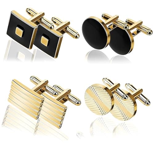 Image of 4 Pair Gold Cufflinks For Men Set, Cuff Links Mens Personalised Cufflinks For Men, Round And Square Mens Cuff Links Set Classic Elegant Black Tone Cufflink For Business Graduation Formal Occasion