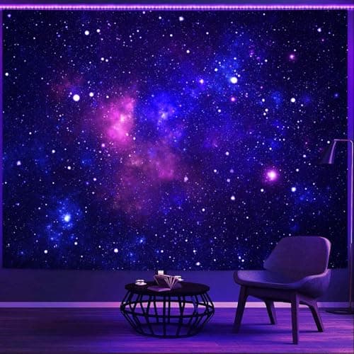 Image of Simpkeely Blacklight Galaxy Tapestry, Blue Space Starry Sky Night Universe Wall Hanging, UV Reactive Glow in the Dark Purple Party Backdrop Aesthetic Tapestry for Bedroom - 130cm x 150cm