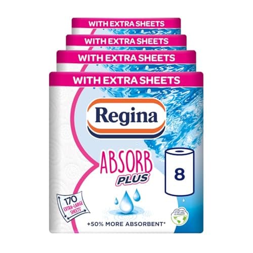 Image of Regina Absorb Plus Kitchen Towels – 8 Super Absorbent 2-ply Kitchen Rolls, 85 Sheets Per Roll, Extra-Large Sheets, 50 Percent More Absorbent Than Previous XXL Products, Easy Open Pack