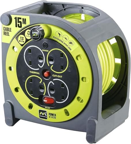 Image of Handyfix Masterplug Pro-XT Four Socket Open Cable Reel Extension Lead with Winding Handle, Thermal Cut Out and Power Switch, 15 Metres High Visibility Cable, Green