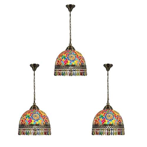 Image of LEDSone 3 Pack Turkish Style Mosaic Glass Handmade Ceiling Pendant Light Stained Glass Decorative Multicolour Pendant Handmade Lighting Fixture (with Bulb 02)